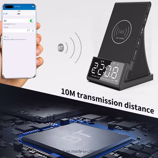 Radio reloj despertador digital Altavoz Bluetooth con luz nocturna, cargador inalámbrico de 15 W, altavoz inalámbrico dual, sonido de alarma alto ajustable, pantalla LED regulable